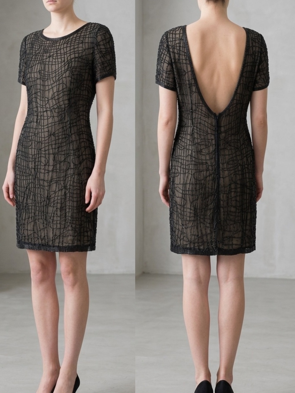 Black Beaded Short-Sleeve Mini Dress